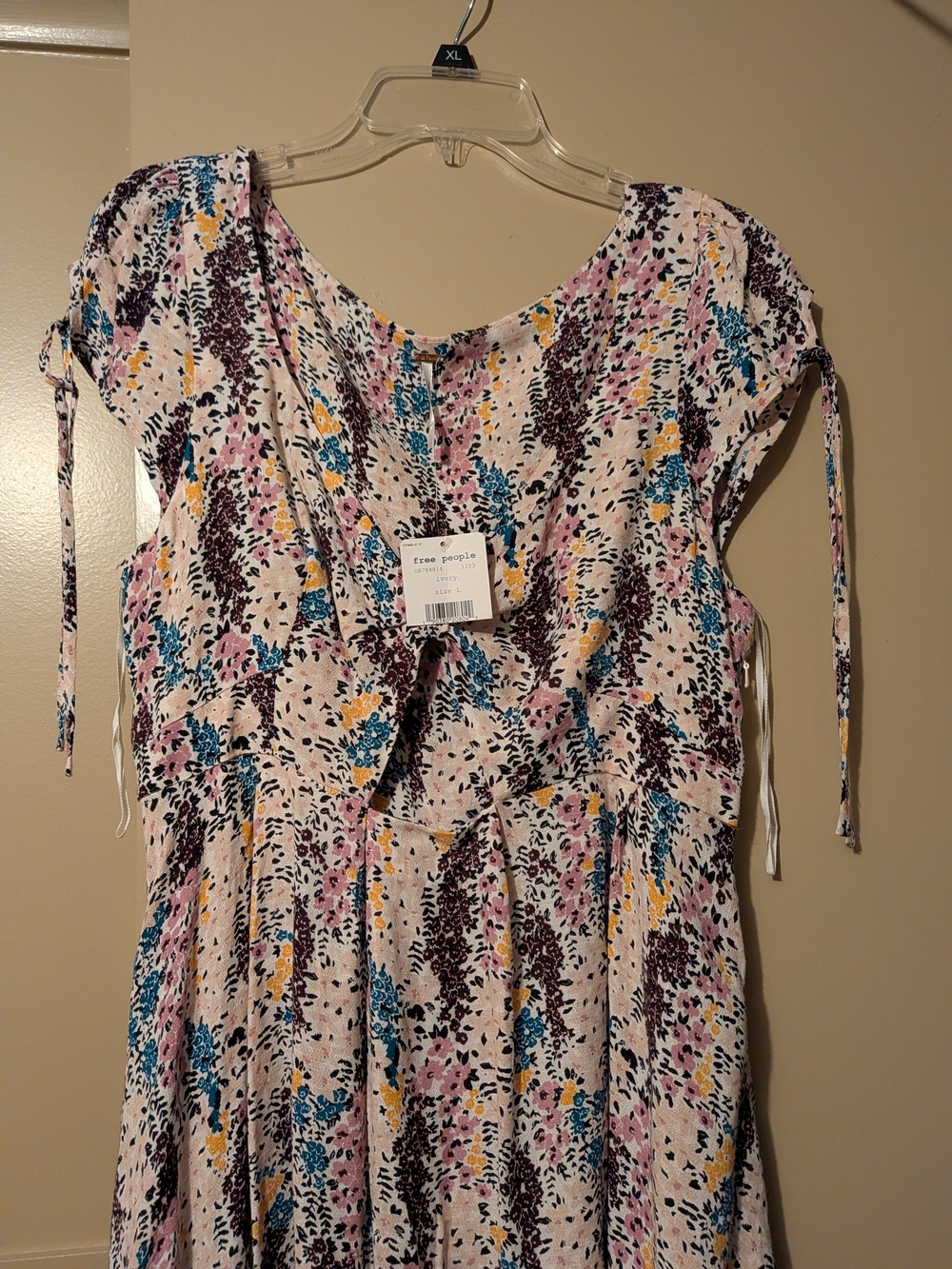 Free People Cream Floral Tie-Front Mini Dress with Pink, Blue & Yellow Accents - Picture 3 of 6